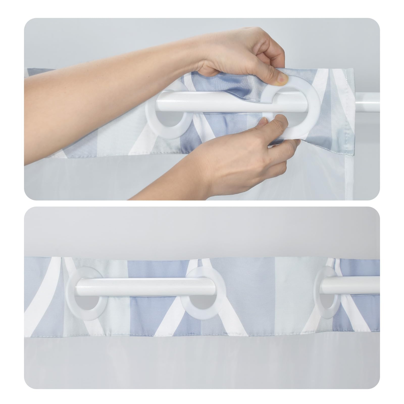 Yiatn Light Blue Hook Free Shower Curtain With Snap In Liner - Hotel Style With See Through Mesh Top Window, Modern Geometric Wa